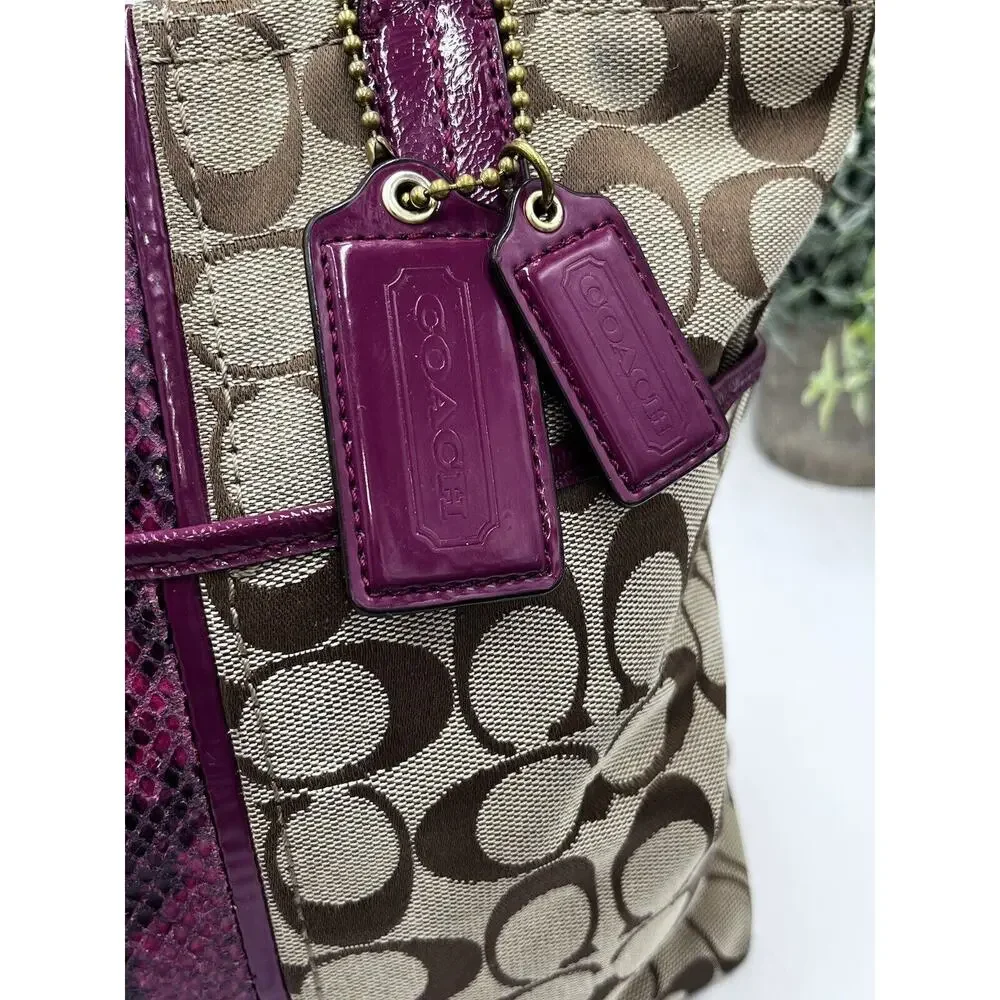 Authenticated F25706 Raspberry Snakeskin Tan Brown Signature Logo‎ Tote Bag